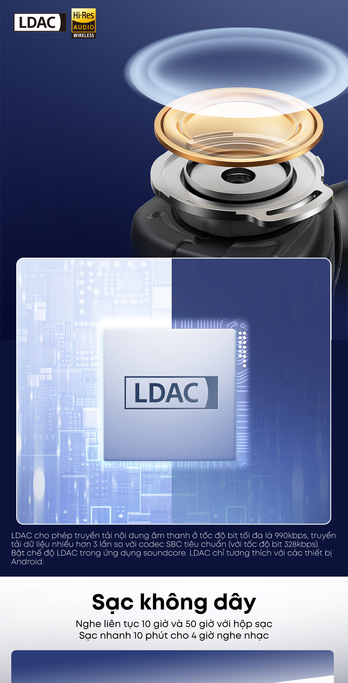 Thời lượng pin cực khủng lên đến 50 giờ sử dụng kèm hộp sạc tiện lợi