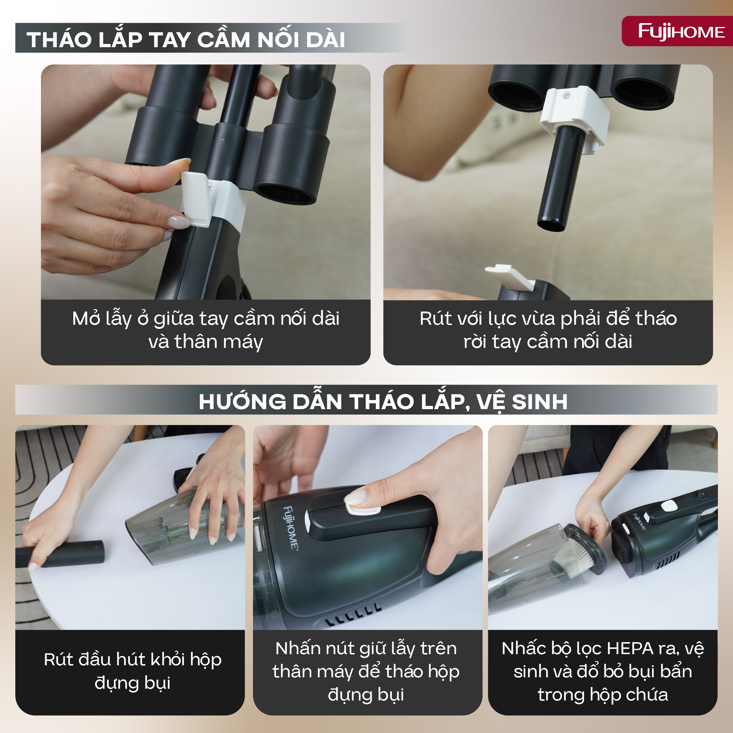 Kích thước chi tiết và cấu tạo máy hút bụi cầm tay FujiHome VC06