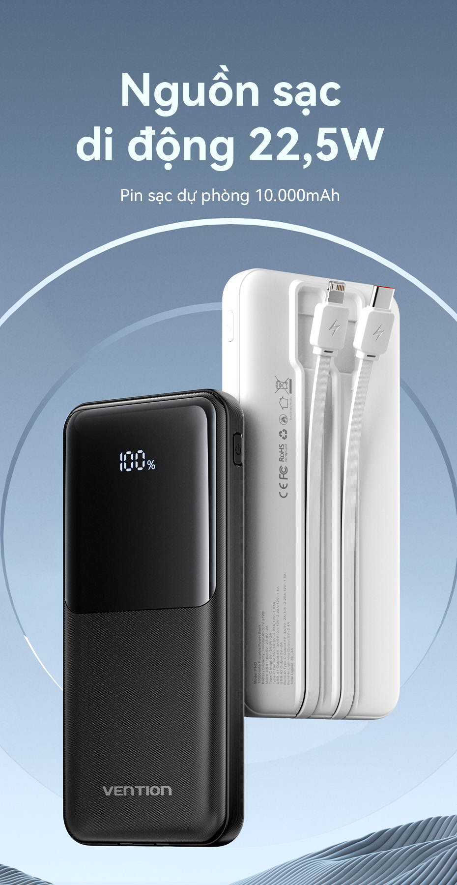Pin Sạc Dự Phòng 22.5W 20000mAh Vention,Tích Hợp Cáp Type-C Và Light, Sạc Nhanh PD/QC, Màn Hình LED – ảnh mô tả chi tiết 1