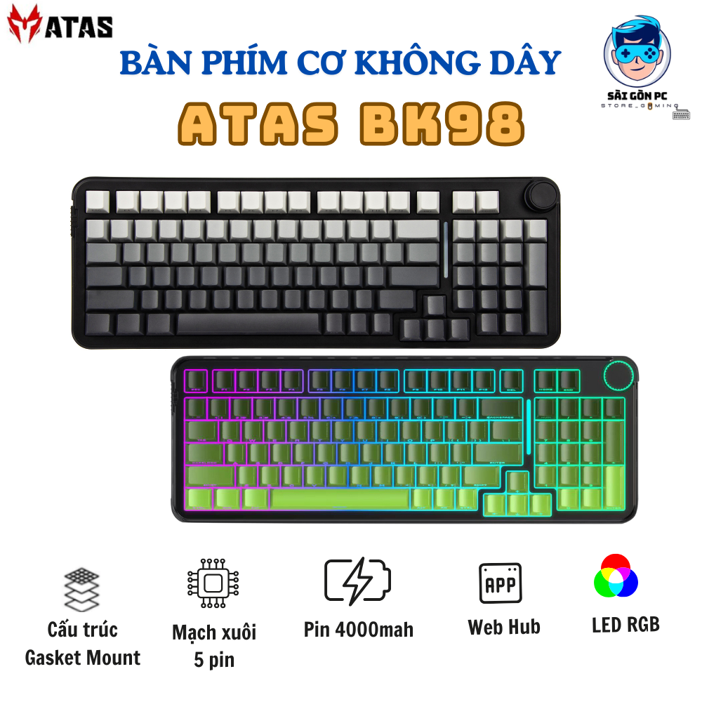 Bàn phím cơ ATAS BK98 không dây 3 mode - Mạch Xuôi - Hỗ trợ hotswap 5 ...