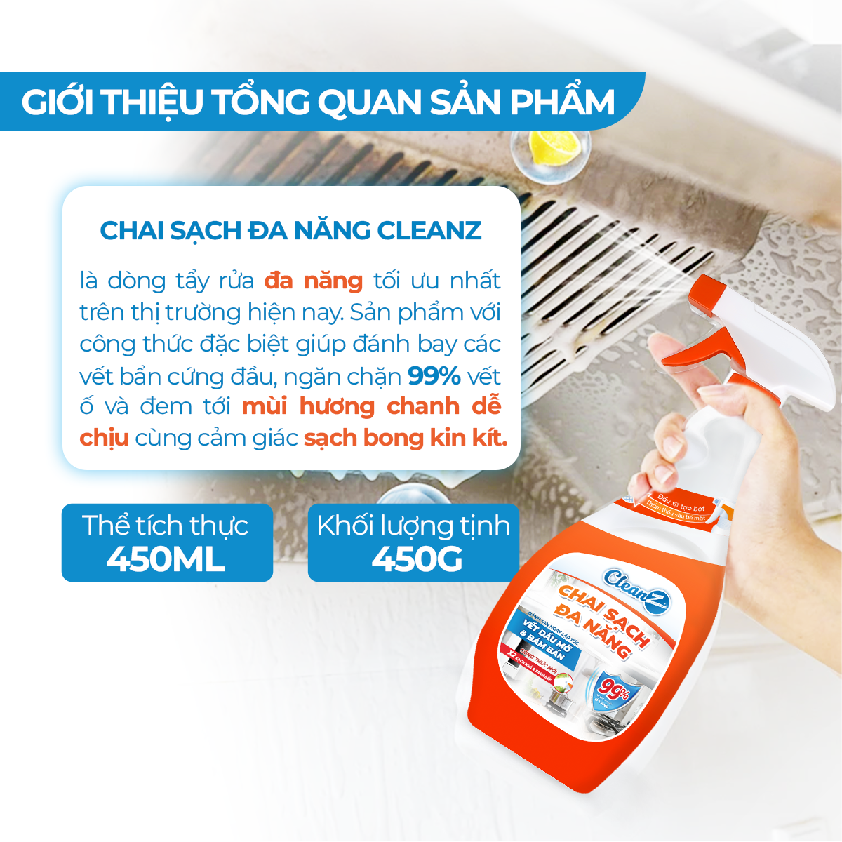 Chai Sạch Nhà Và Bếp Cleanz Làm Sạch Dầu Mỡ, Vết Ố Vàng Dung Tích 450ml ...
