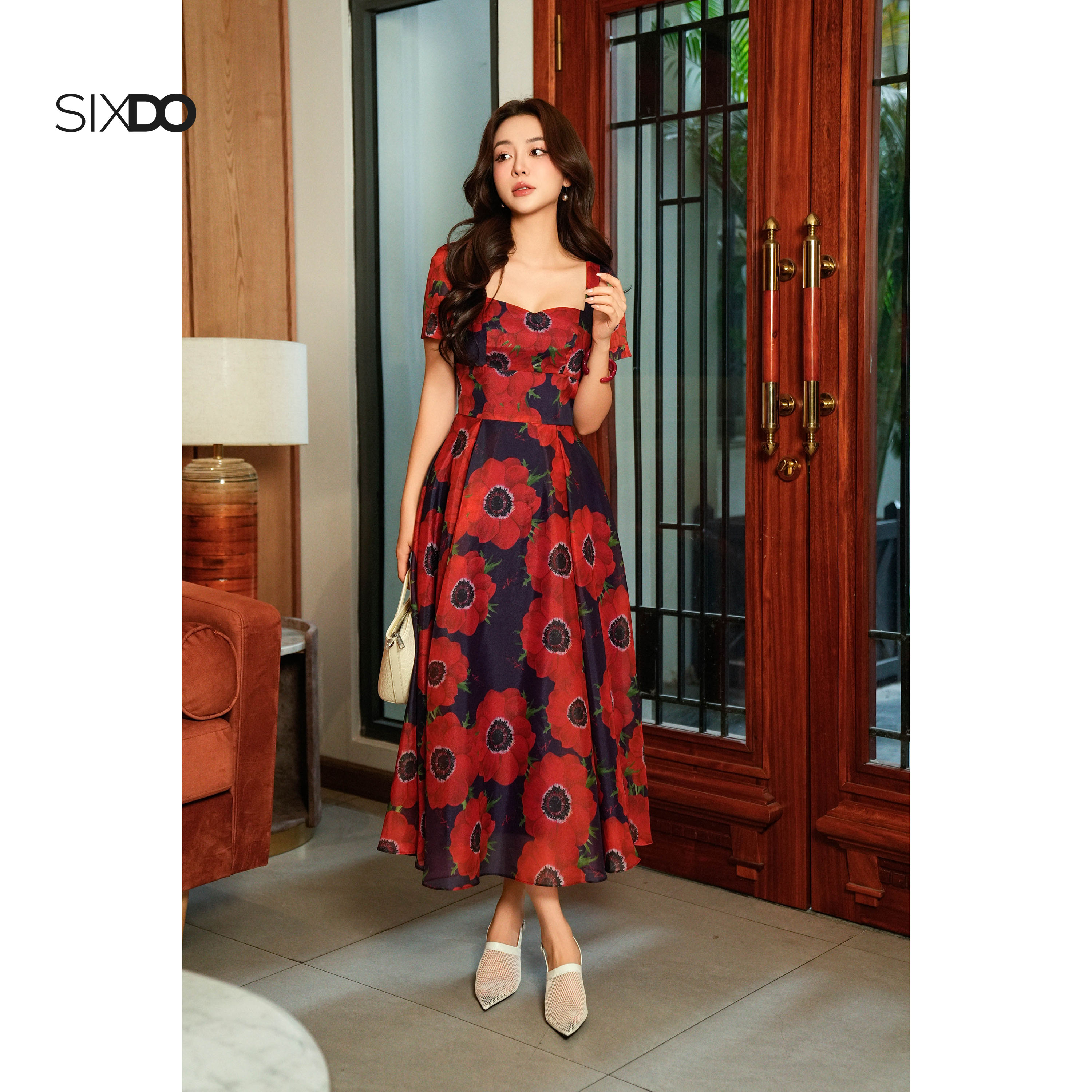 Đầm tơ hoa đỏ cổ vuông SIXDO (Purple Floral Organza Flared Dress ...