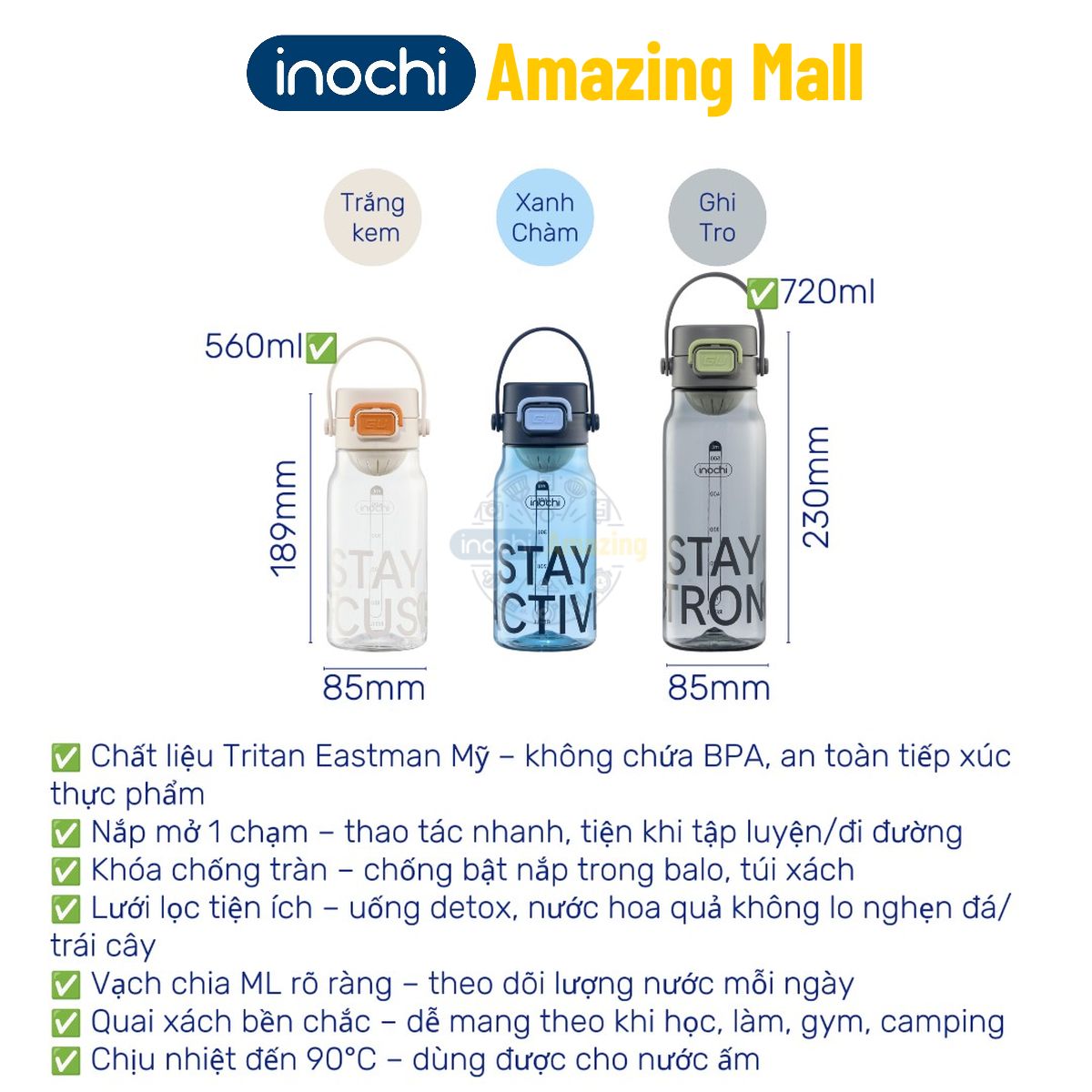 Bình Nước thể thao nhựa Tritan Inochi Kita Base dung tích 560ml/720ml ...