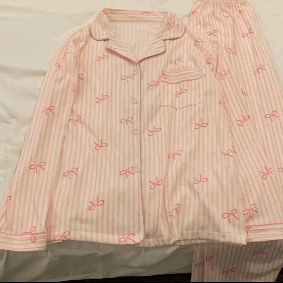 Bộ pijama tay dài sọc nơ cho cô gái ngọt ngào, phong cách Hàn Quốc ...