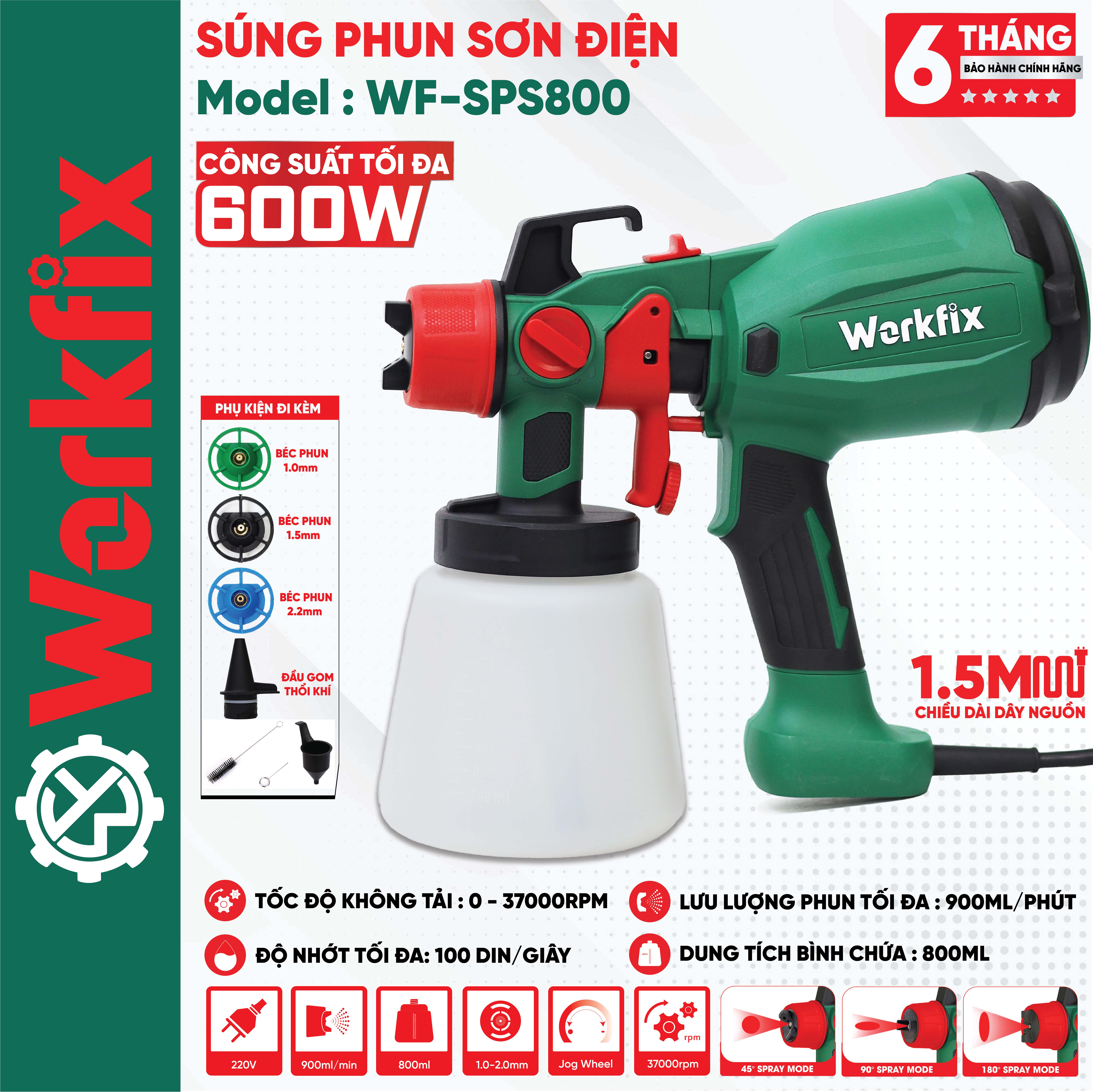 Máy Phun Sơn Điện WORKFIX WF-SPS800, Công suất 600W, 3 Kiểu Phun, Bình ...