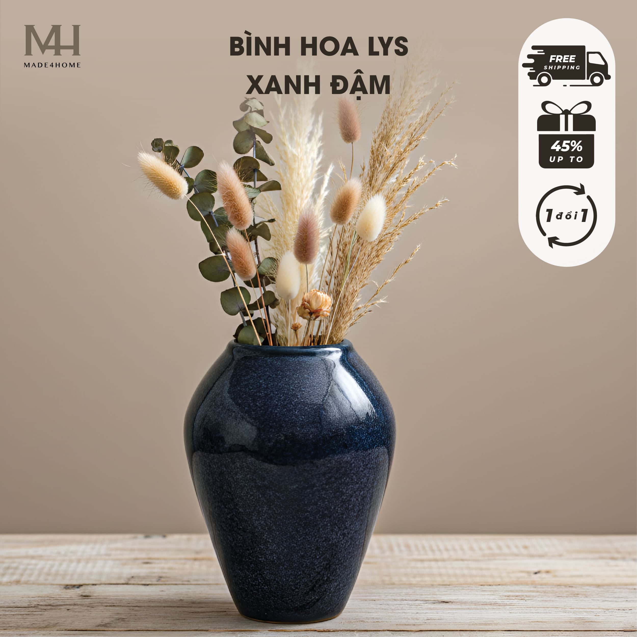 Bình hoa gốm sứ Lys trang trí decor dáng bầu Made4Home - Kích thước 25x11cm