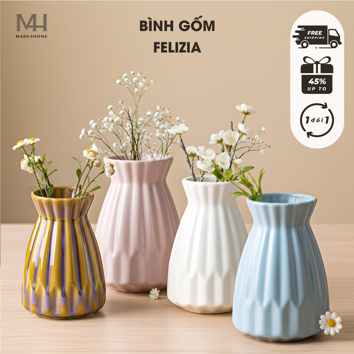 Bình hoa gốm sứ Felizia trang trí decor hoa văn sọc Made4Home - Kích thước 21x15cm
