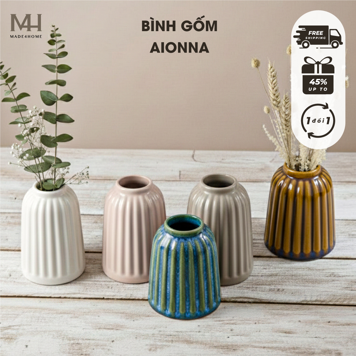 Bình hoa sứ Aionna trang trí decor họa tiết sọc Made4Home