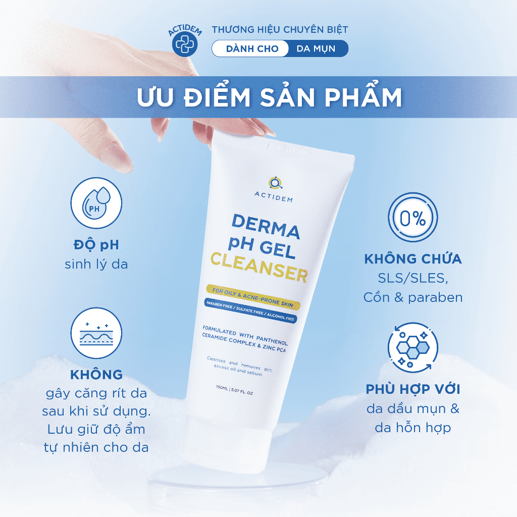 Gel rửa mặt sạch sâu cho da dầu, da hỗn hợp Actidem Derma pH Gel ...