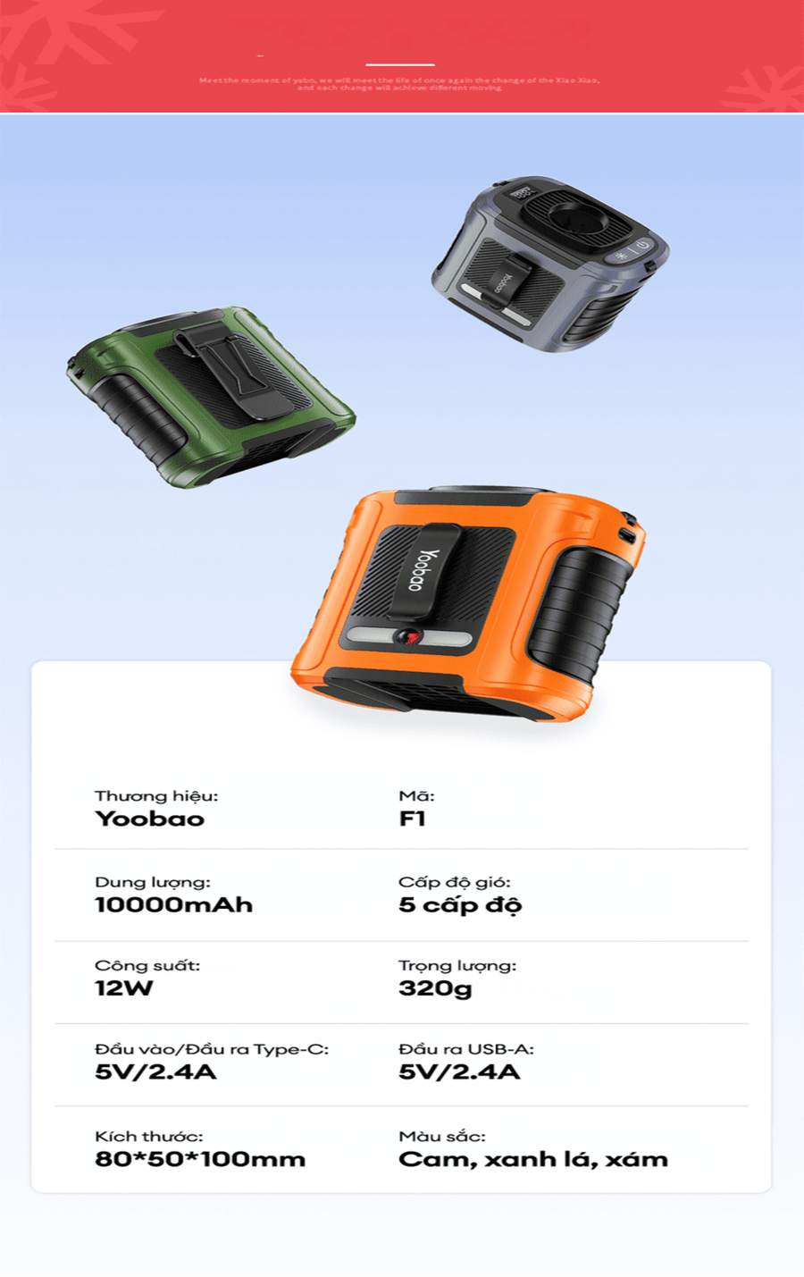 Trọn bộ hộp sản phẩm quạt đeo thắt lưng Yoobao F1