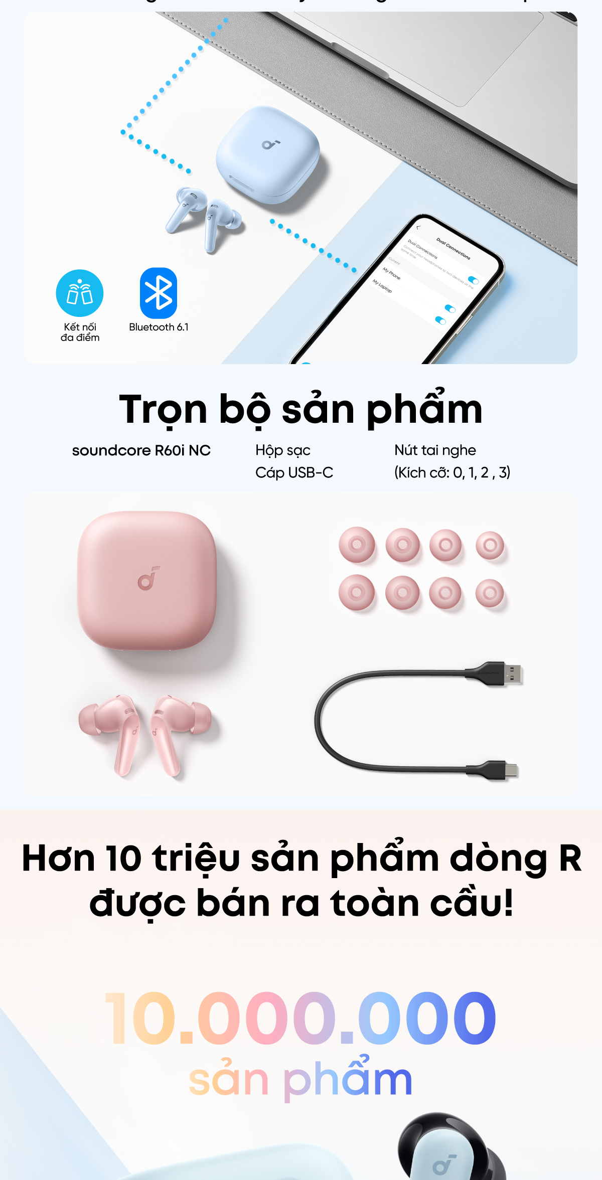Hộp phụ kiện đi kèm tai nghe TWS SOUNDCORE R60i NC