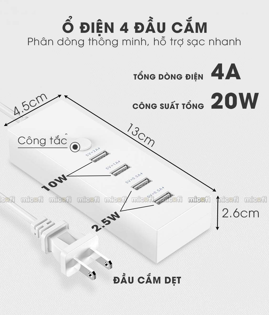 Ổ Cắm Usb Micofi Ổ Điện Củ Sạc Usb Thông Minh Mini 20w Nhiều Cổng 5v ...