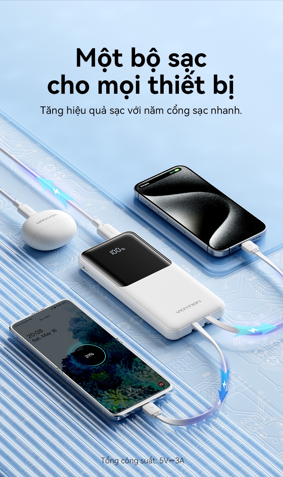Sạc Dự Phòng Vention 20000mAh Sạc Nhanh 22.5W Tích Hợp Cáp Type-C Và Light Cho Điện Thoại, Tai Nghe – ảnh mô tả chi tiết 4