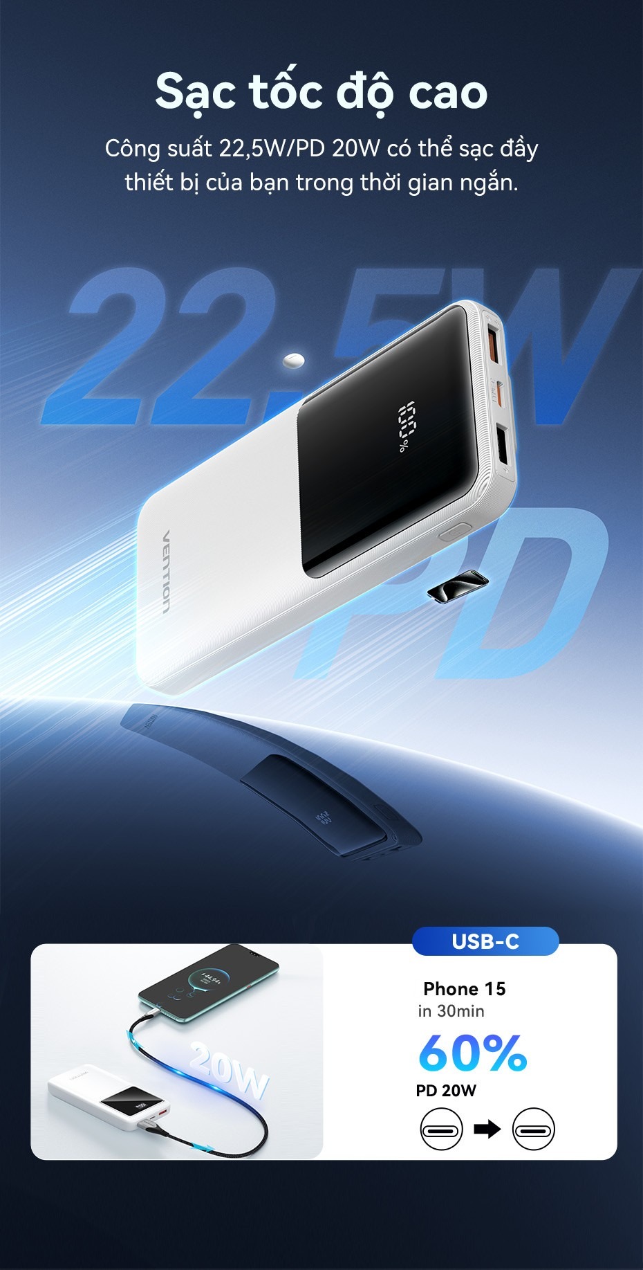 Sạc Dự Phòng Vention 20000mAh Sạc Nhanh 22.5W Tích Hợp Cáp Type-C Và Light Cho Điện Thoại, Tai Nghe – ảnh mô tả chi tiết 5