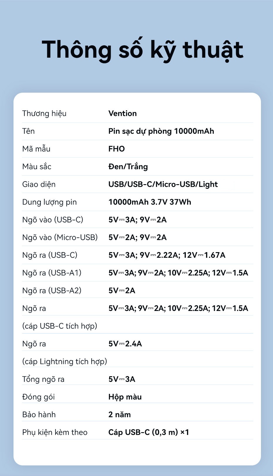 Sạc Dự Phòng Vention 20000mAh Sạc Nhanh 22.5W Tích Hợp Cáp Type-C Và Light Cho Điện Thoại, Tai Nghe – ảnh mô tả chi tiết 8