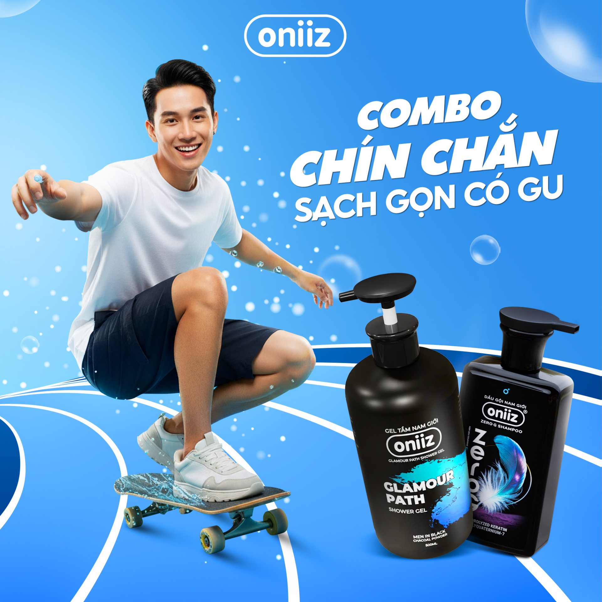 Combo Chín Chắn Oniiz - Sữa tắm hương nước hoa hiện đại 500ml, Dầu gội nam tính mới ZeroG 330ml,Tặng Box đựng cao cấp