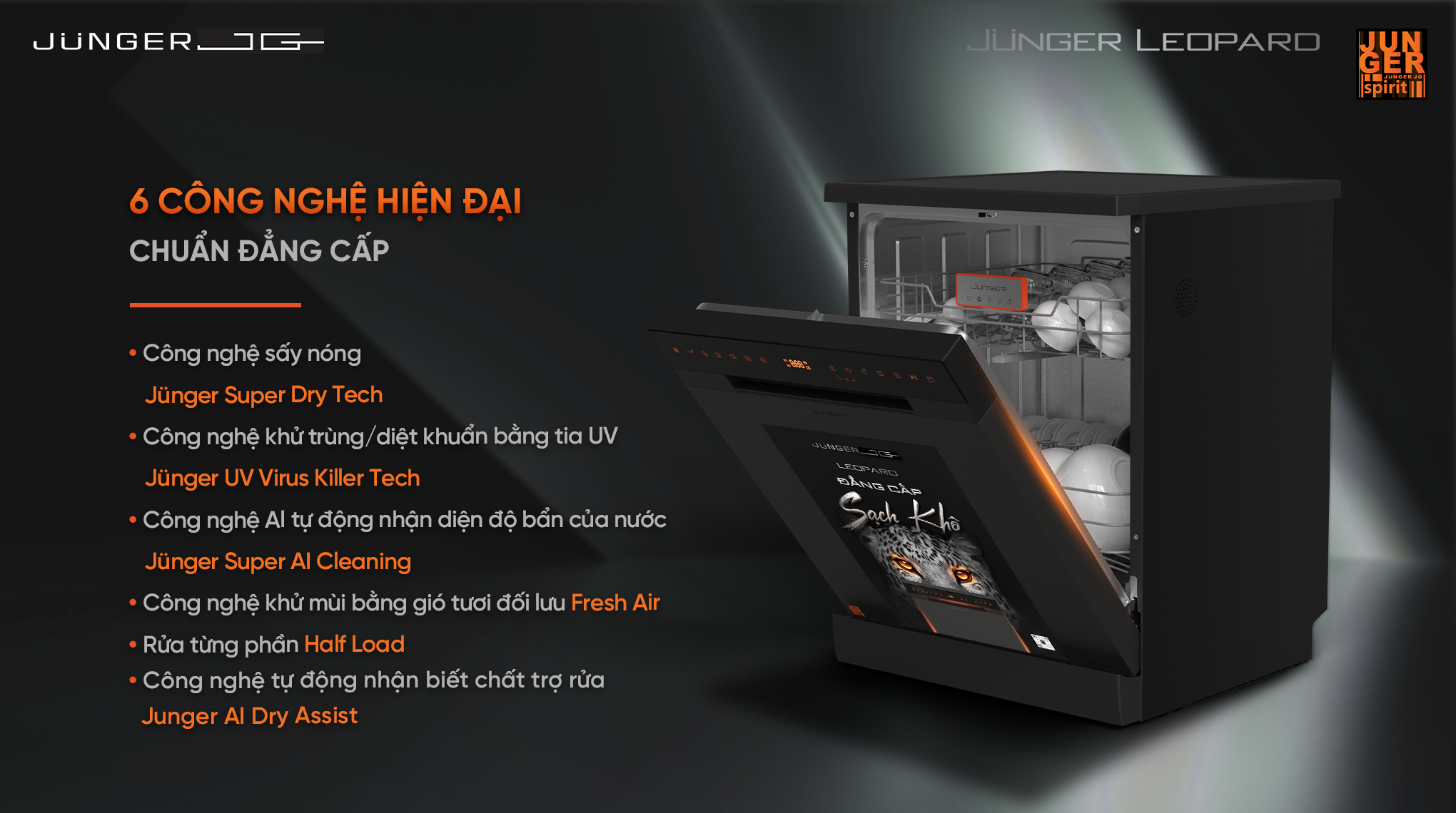 Máy rửa bát Junger JG Leopard DWJ-143: 15 bộ, Công nghệ AI, Khử Khuẩn UV