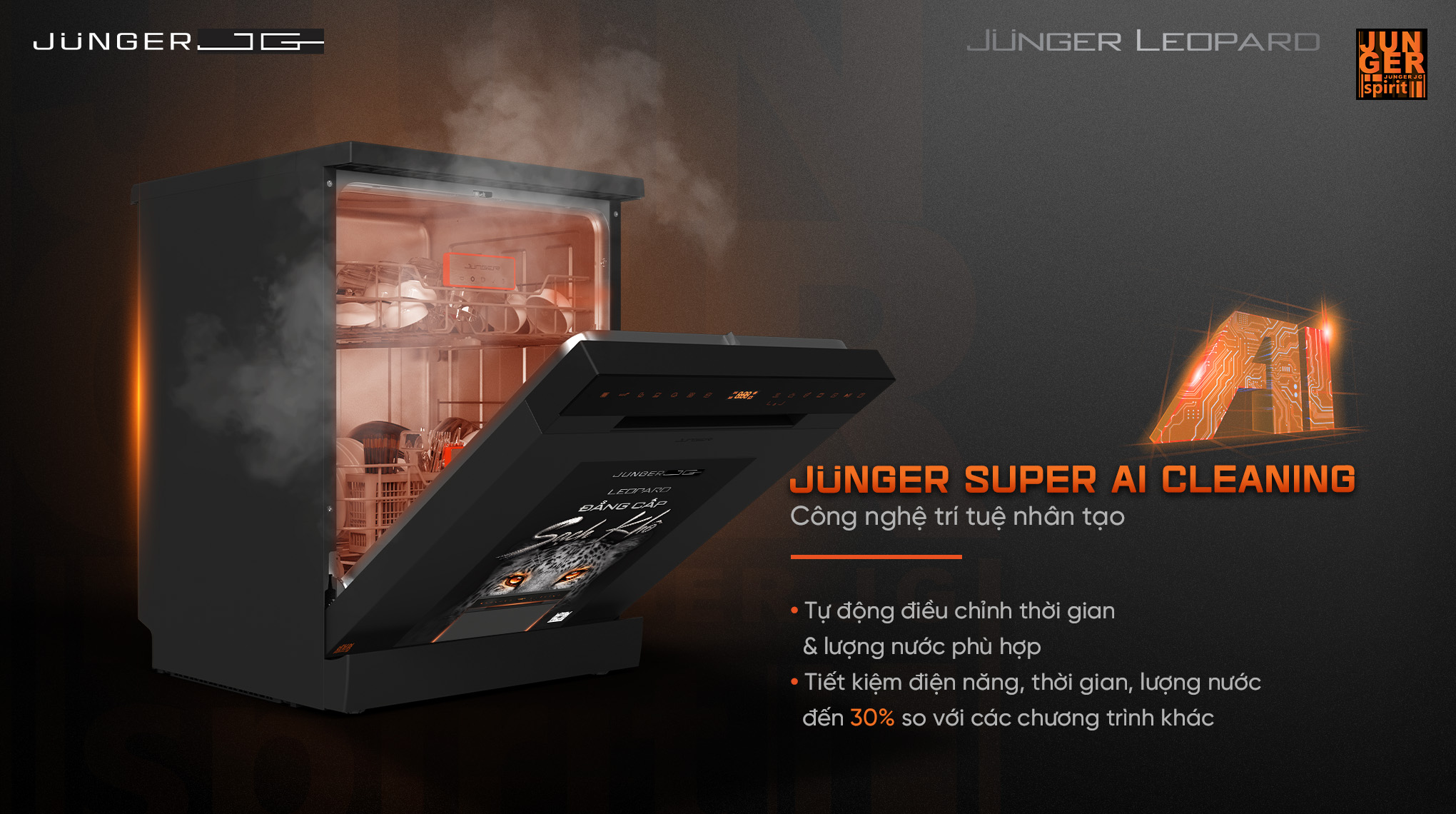 Máy rửa bát Junger JG Leopard DWJ-143: 15 bộ, Công nghệ AI, Khử Khuẩn UV