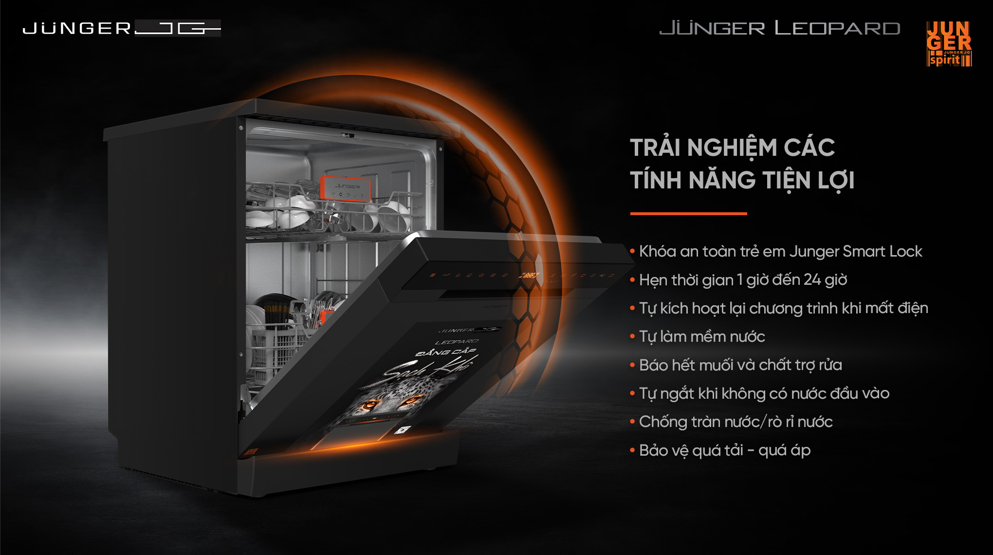 Máy rửa bát Junger JG Leopard DWJ-143: 15 bộ, Công nghệ AI, Khử Khuẩn UV