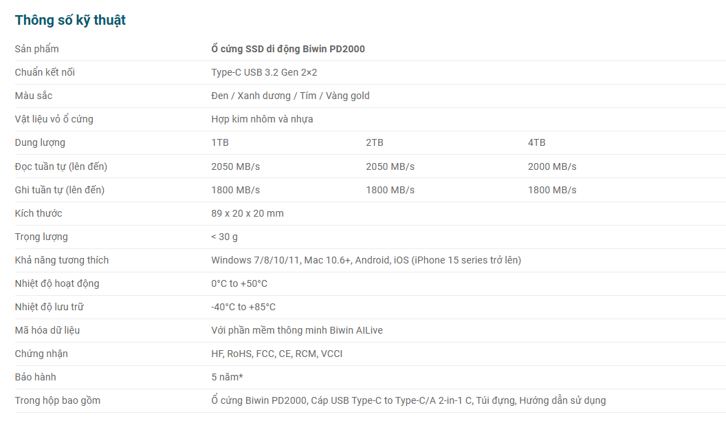 Ổ cứng di động SSD BIWIN PD2000 1TB/2TB, USB 3.2 Gen 2 x2 găn điện ...