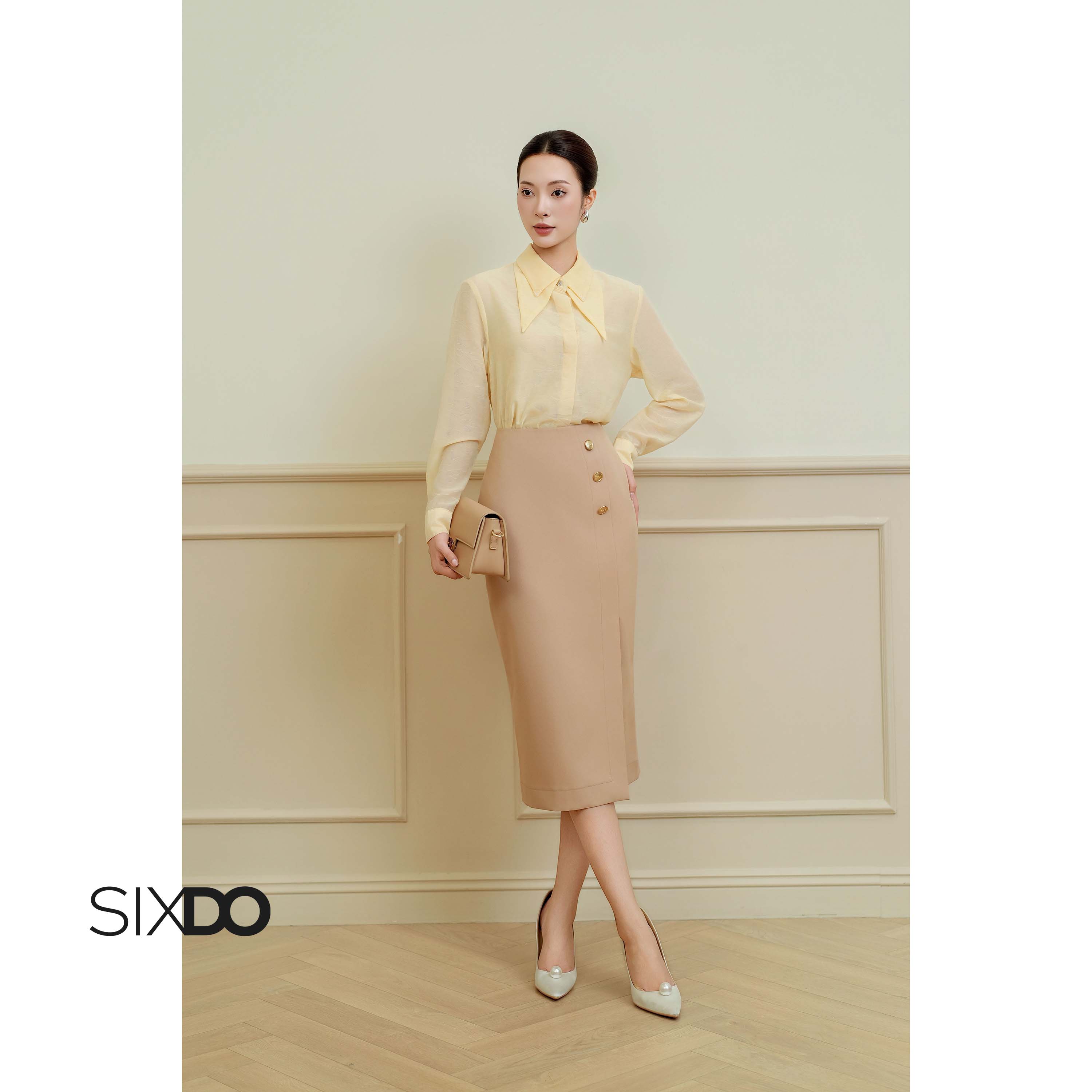 Áo sơ mi tơ organza dài tay màu be vàng nhạt SIXDO (Delicate Yellow ...