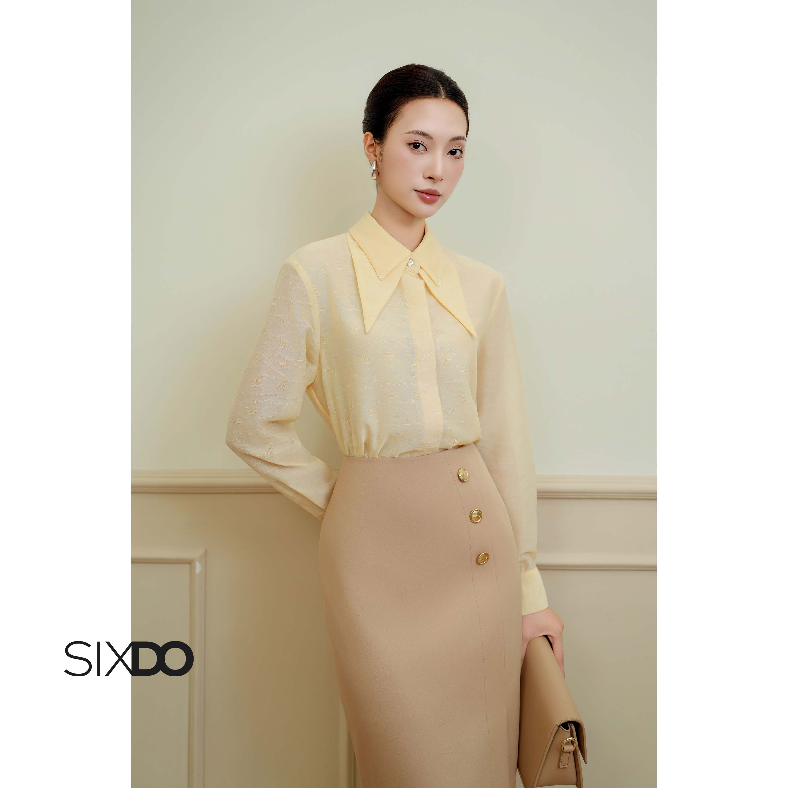 Áo sơ mi tơ organza dài tay màu be vàng nhạt SIXDO (Delicate Yellow ...