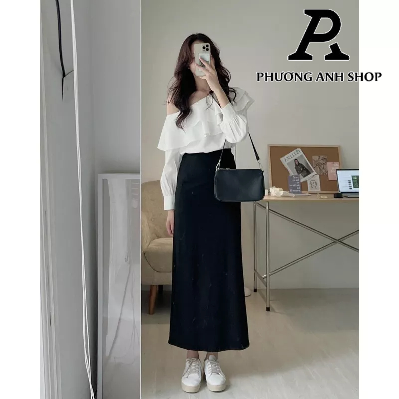 Chân váy maxi suông dài vintage chun cạp phong cách hàn quốc, phuonganh18.