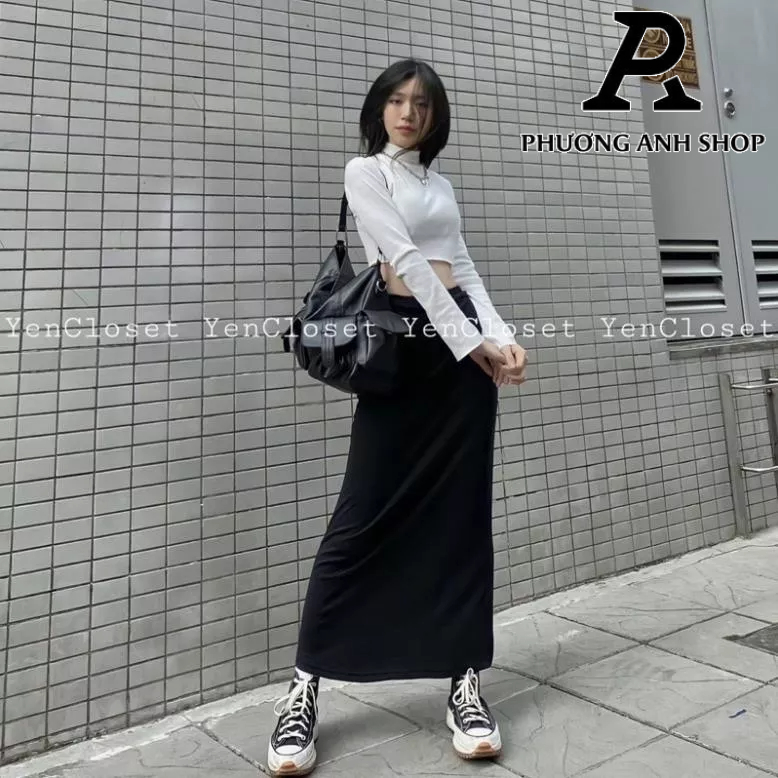 Chân váy maxi suông dài vintage chun cạp phong cách hàn quốc, phuonganh18.