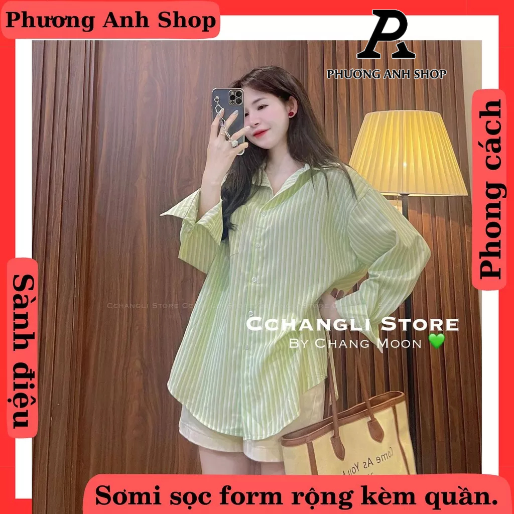 Set sơ mi sọc form rộng giấu quần hàng QCCC phong cách hàn quốc, phuonganh18 0765 .