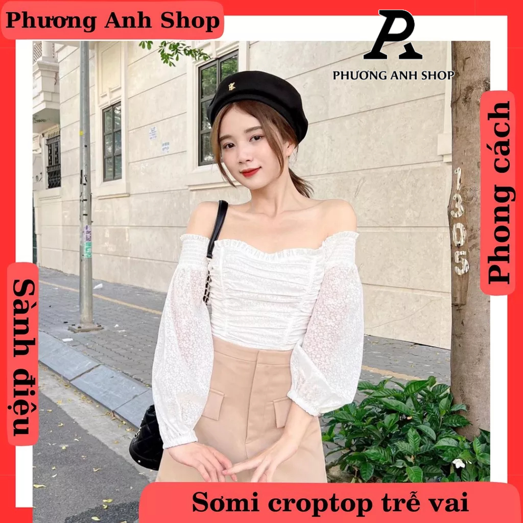 Áo sơ mi nữ trễ vai dáng croptop lửng, đồ đi biển xinh xắn ATVC226