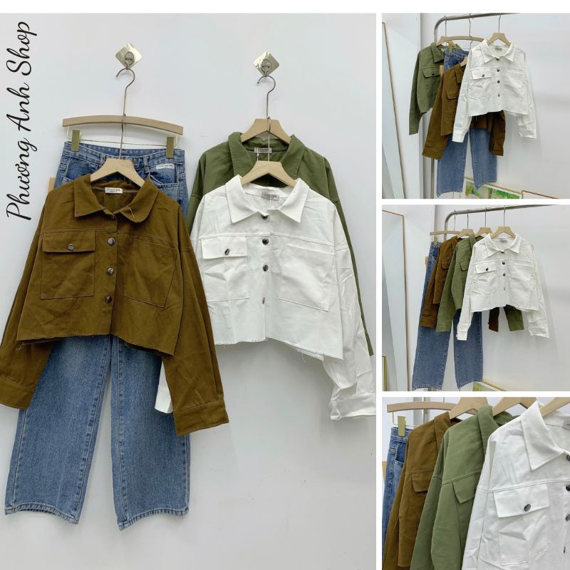 Áo Croptop Kaki rách gấu, Hai túi to hai bên và cúc kim loại siêu sang