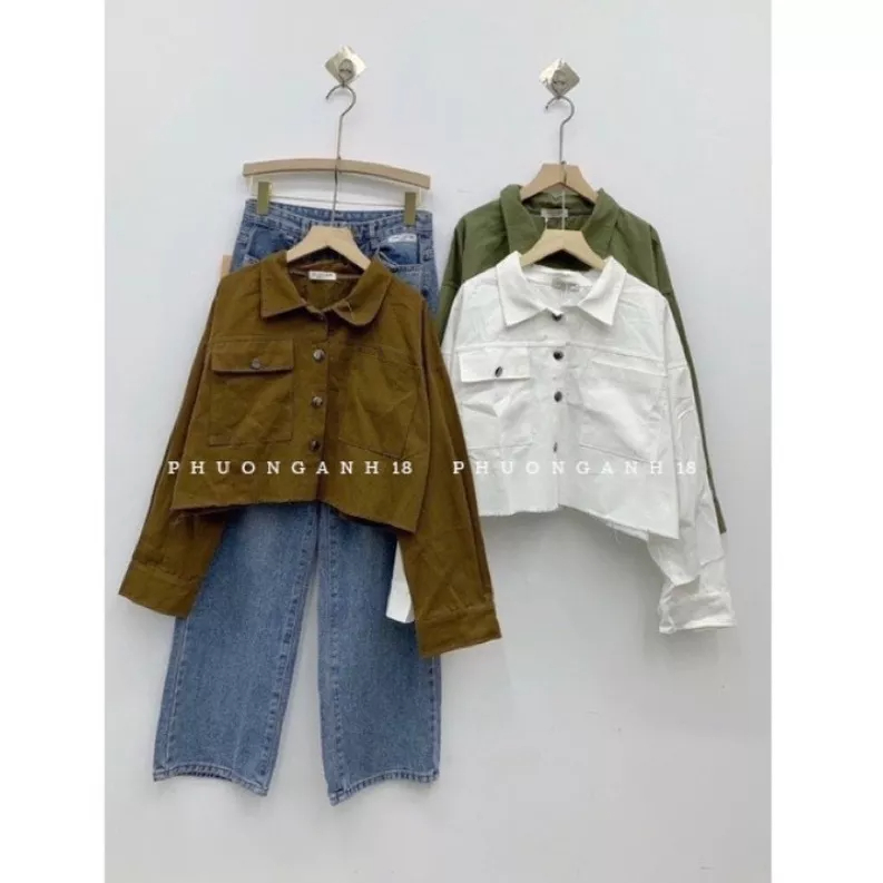 Áo Croptop Kaki rách gấu, Hai túi to hai bên và cúc kim loại siêu sang