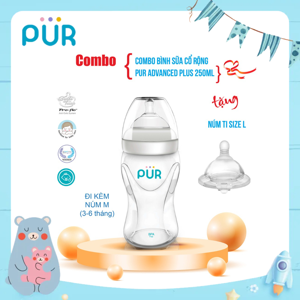 Ảnh Combo Bình sữa cổ rộng Pur Advanced Plus 250ml (có sẵn núm M 3-6th) + núm lẻ size L 1