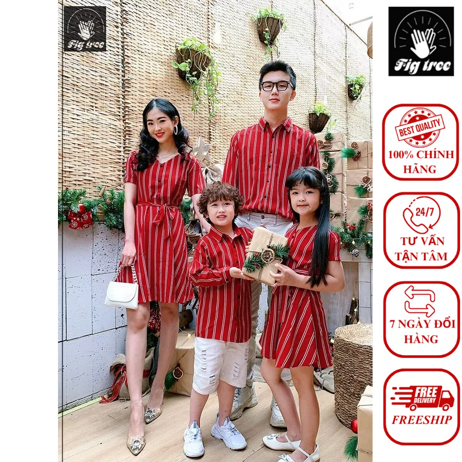 Đồng Phục Gia Đình Fig Tree Sọc Nền Đỏ Cho Gia Đình Đi Tiệc, Chụp Hình Sang, Nổi Bật MS 155B