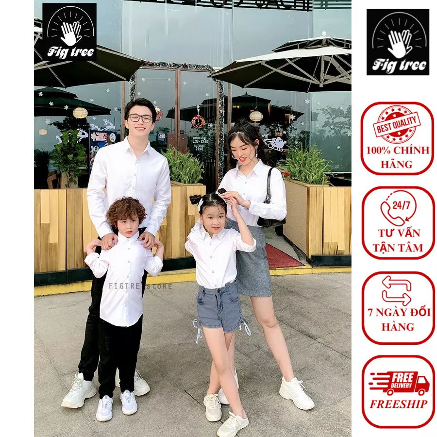 Áo Sơ Mi Gia Đình FigTree Màu Trắng Cho Gia Đình Đi Tiệc, Chụp Hình Thanh Lịch( full size đến 110kg)