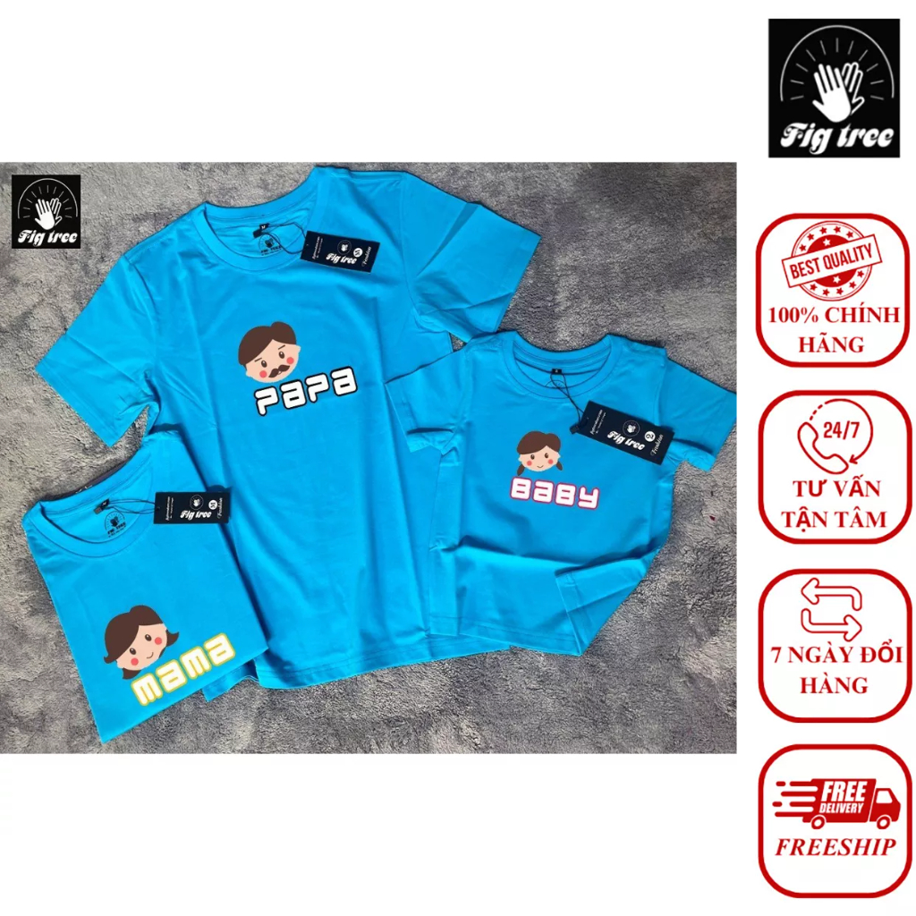 Áo Thun Gia Đình Fig Tree, Màu Xanh Ngọc PaPa, MaMa, Baby Siêu Dễ Thương, Chất Cotton Cao Cấp