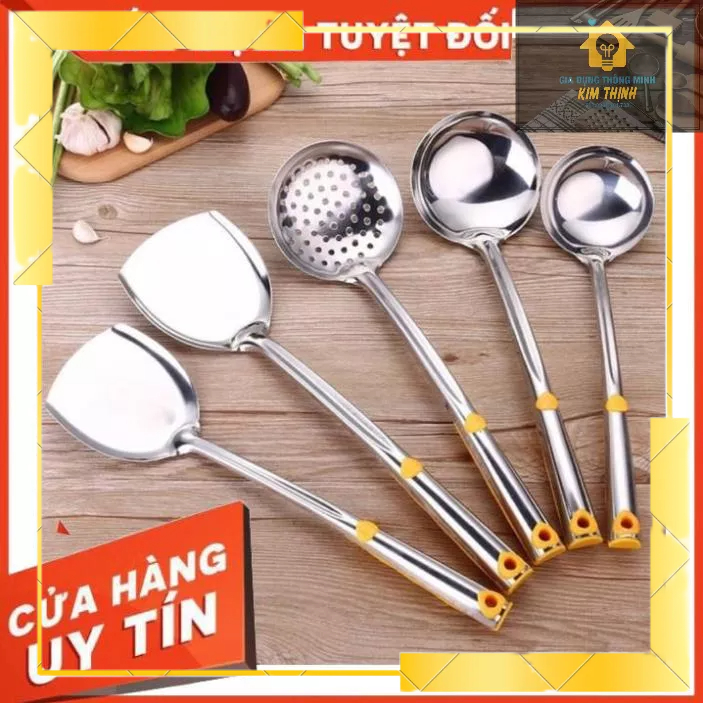 Bộ Muôi Inox Cao Cấp Cán Vàng ( Muôi Thủng - Muôi Canh - Xẻng Xào ...