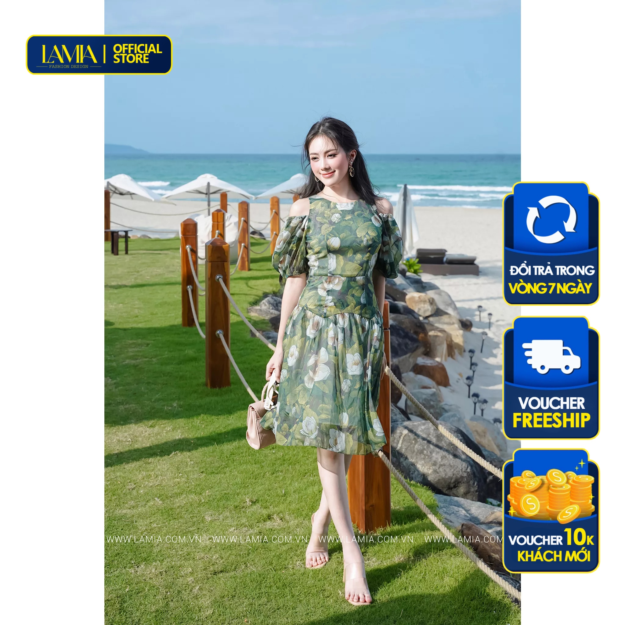 Đầm hè Lamia Design LD190 họa tiết in hoa tơ nền xanh ngọc phối dáng cánh tiên sang trọng spe