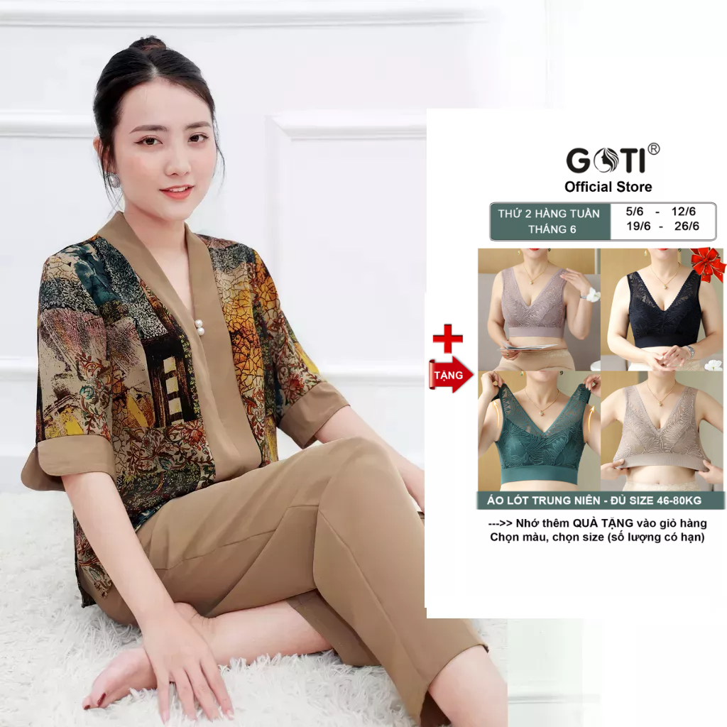 Đồ Bộ Trung Niên GOTI Mặc Nhà Nữ Sang Trọng Chất Gấm Cao Cấp Cổ Chui Tay Lững Có Túi Pijama Lụa Cho Mẹ