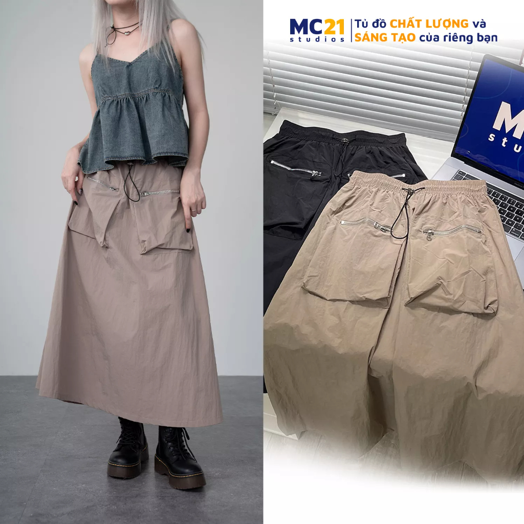 Chân váy túi hộp dáng dài MC21.STUDIOS cargo skirt cạp cao co giãn Ulzzang Streetwear Hàn Quốc bigsize V3609