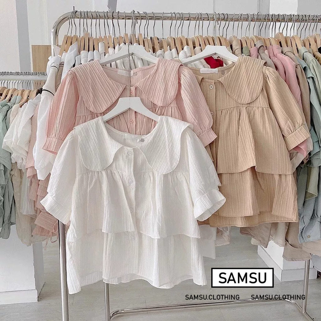 Áo sơ mi nữ cộc tay A.451, Áo kiểu dáng croptop cổ sen tay bồng nhẹ xếp ...