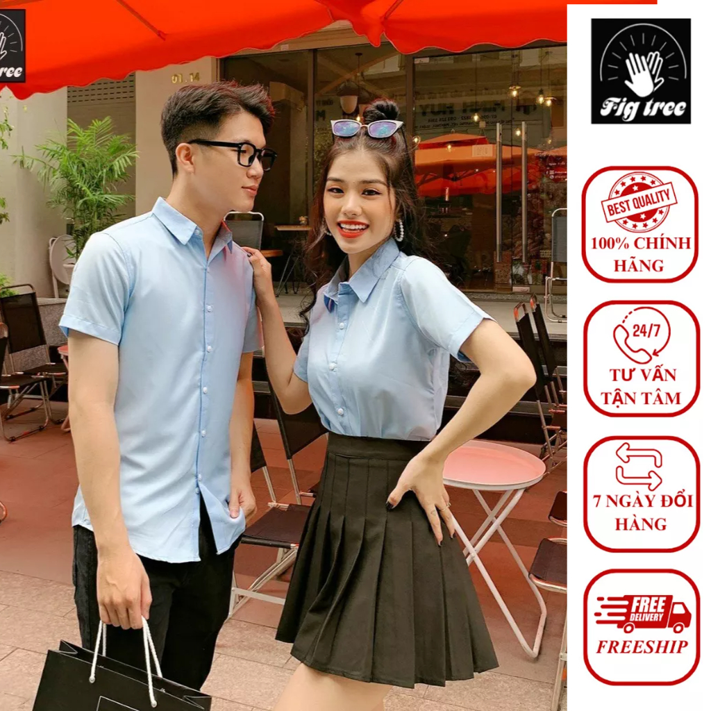 Áo Sơ Mi Cặp Fig Tree Tay Ngắn Màu Xanh Nhạt Nhã Nhặn
