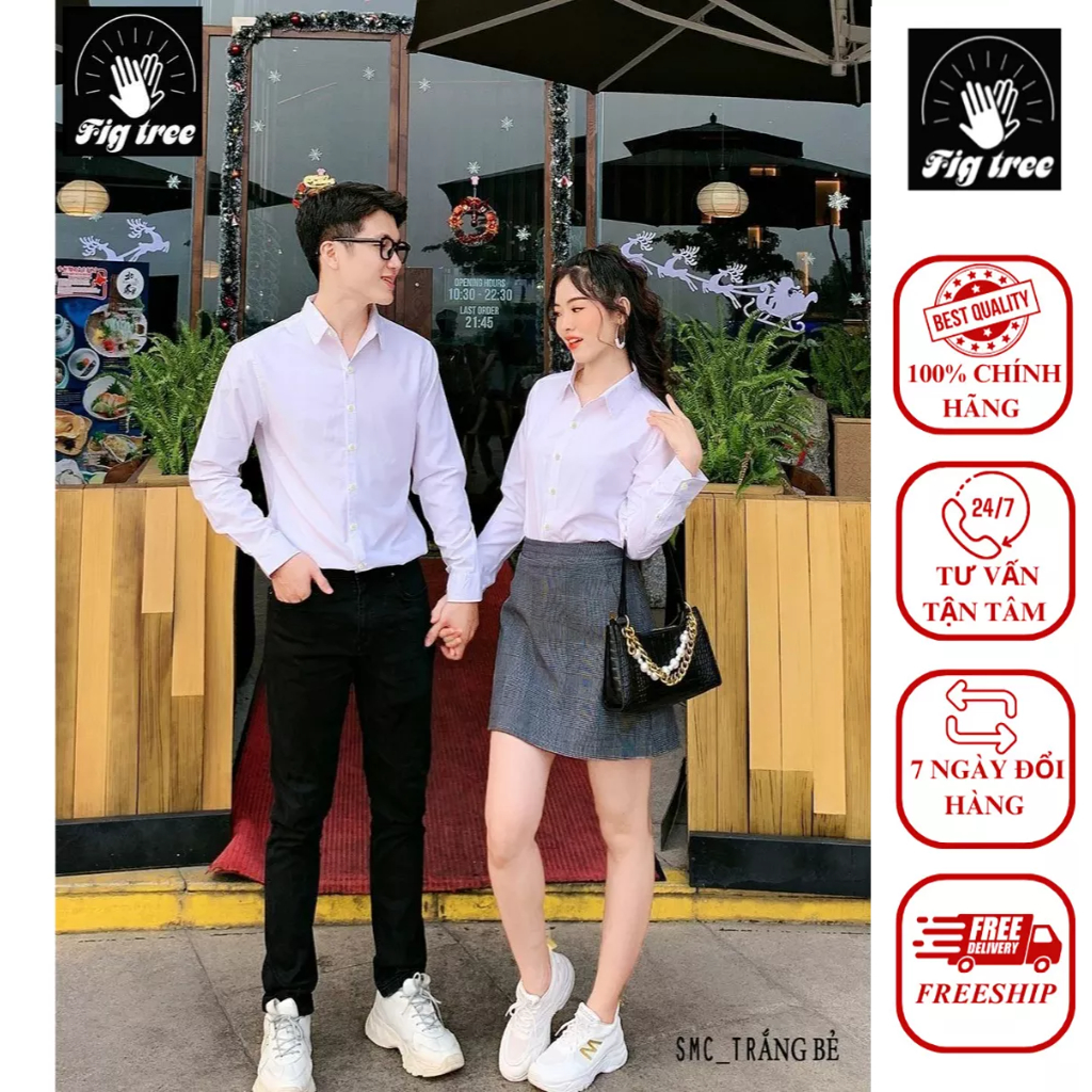Set Áo Sơ mi Nam Nữ Fig Tree Màu Trắng Basic ( có bigsize đến 110kg)