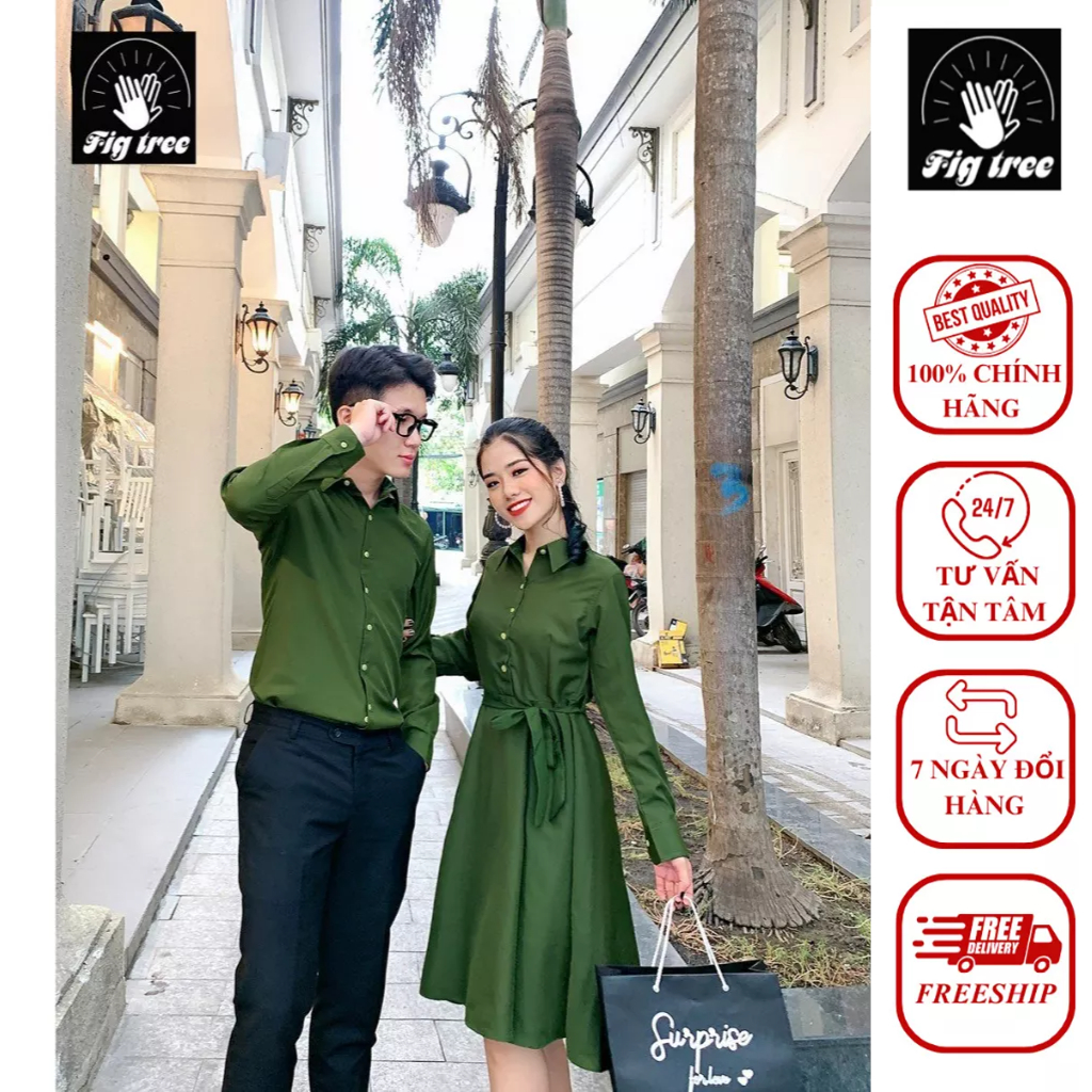 Set Sơ Mi Váy Đôi Fig Tree Màu Xanh Olive Kèm Feedback Siêu Xịn