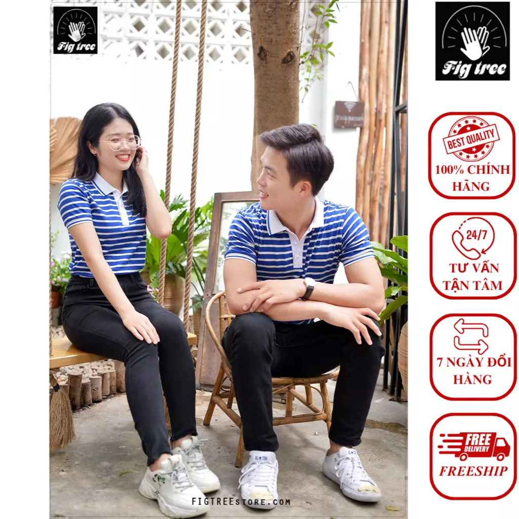 Com Áo Đôi Thun Polo Fig Tree Sọc Xanh Bích Tươi Sáng( full size đến 110kg)