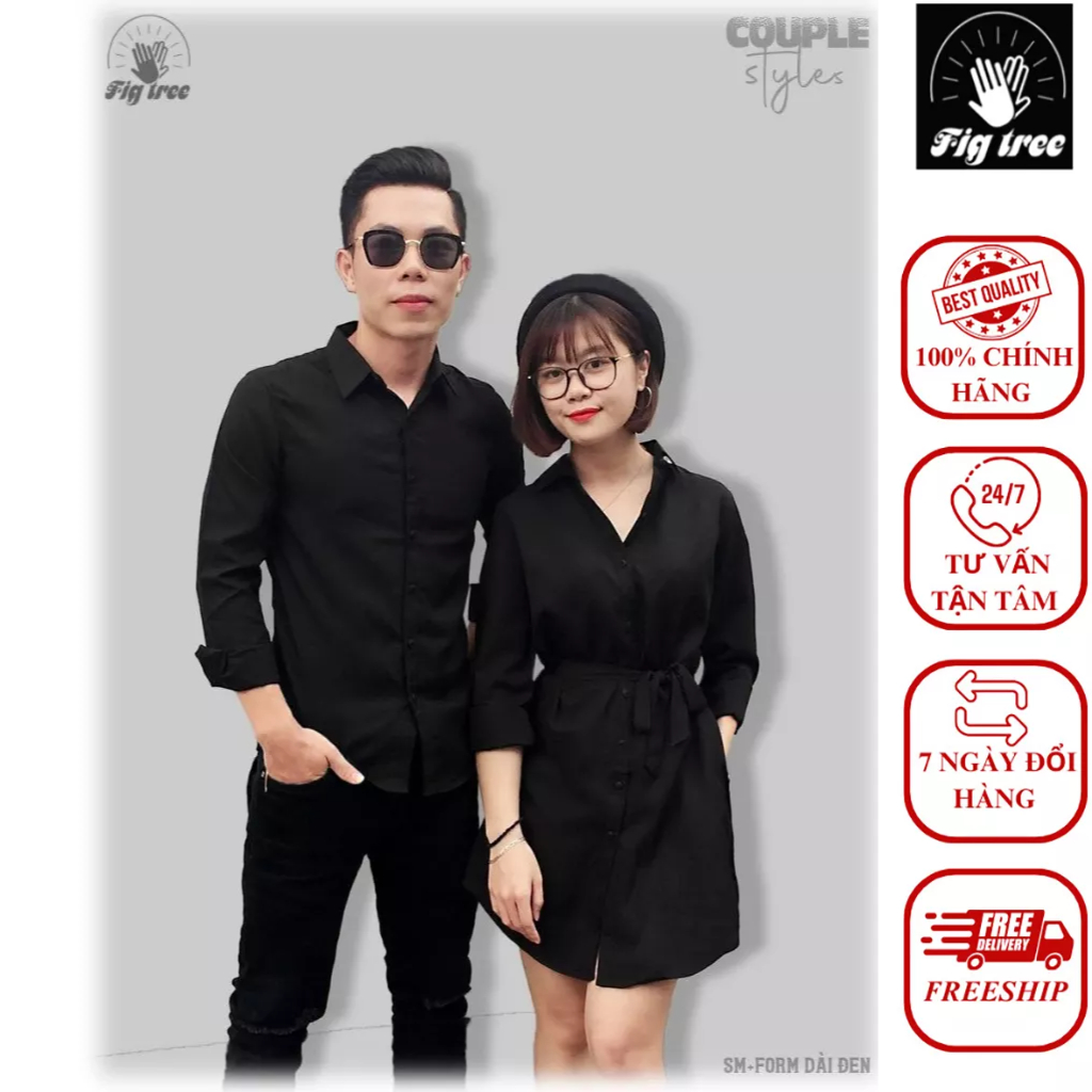Áo Sơ Mi Váy Đôi Fig Tree Màu Đen Huyền Bí Cho couple ( có bigsize đến 110kg)