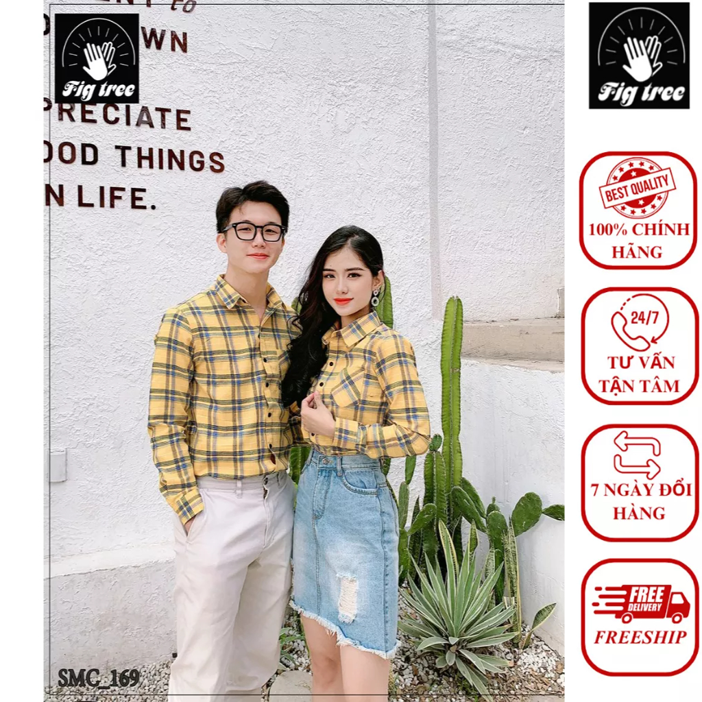 Áo Sơ Mi Cặp Fig Tree Caro Vàng Tươi Sáng, Sơ Mi Nam Nữ Chất Nỉ Dày Dặn, Cá Tính (Mã 169)