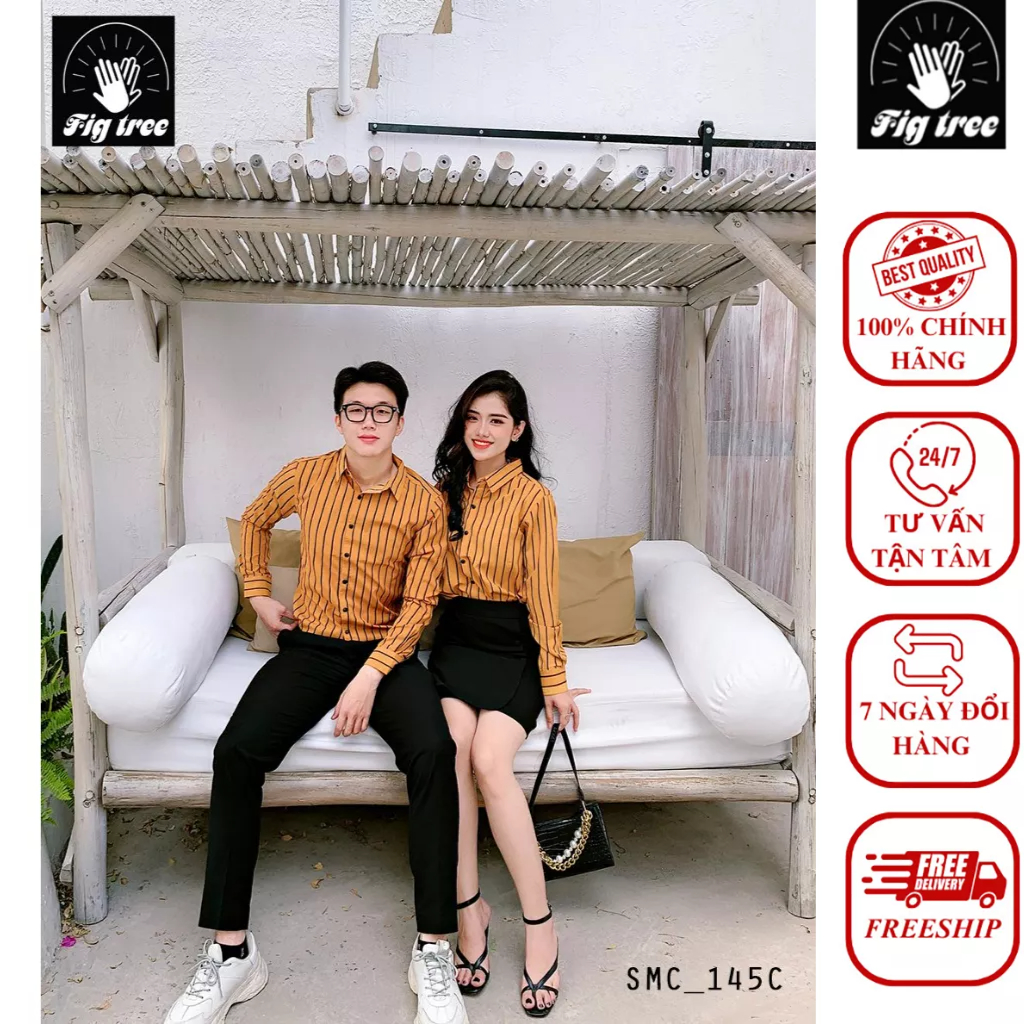 Set Áo Sơ Mi Đôi Nam Nữ Fig Tree Sọc Vàng ( Mã 145C)