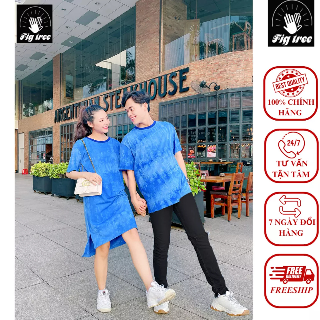 Set Thun Đôi Fig Tree Form Rộng Màu Xanh Đậm, Chất Thun Lạnh, Màu Loang Cá Tính, Năng Động Xuống Phố