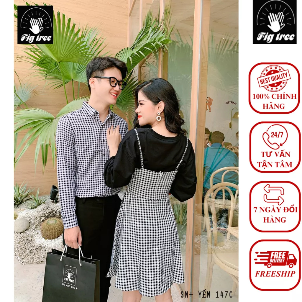 Set Sơ Mi Yếm Đôi Fig Tree Caro Đen Mã 147C Nữ Kèm Áo Thun